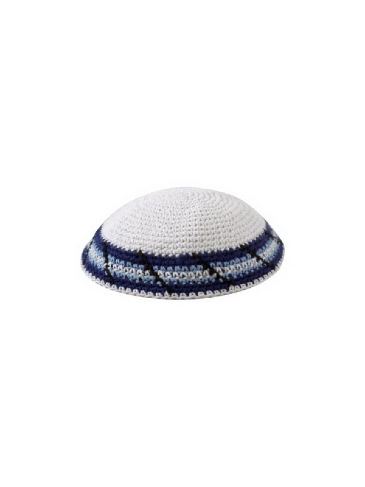 כיפה כותנה סרוגה לבנה עם כחול לבן ובל... | כיפה סרוגה